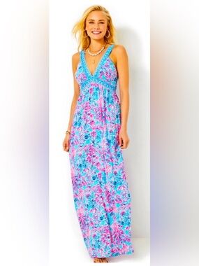 Lilly Pulitzer Serena V Neck Maxi Celestial Blue Seek and Sea
